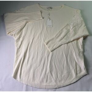 Vila Milano NWT Ivory Sweater Women Sz L Embroidered Puff Sleeve Soft Knit Cream